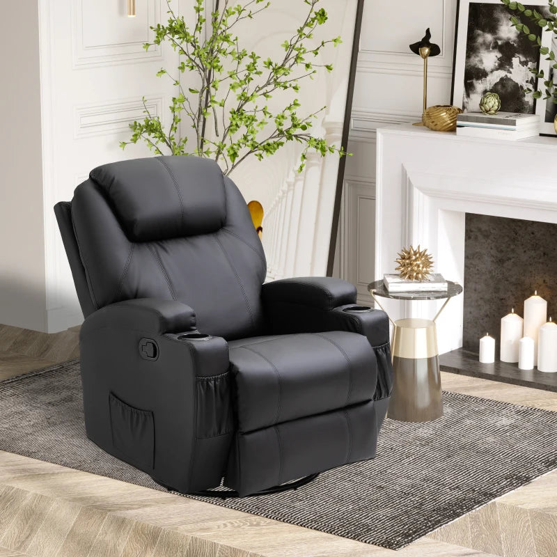 Black Swivel Recliner Armchair with Massage and Drink Holders