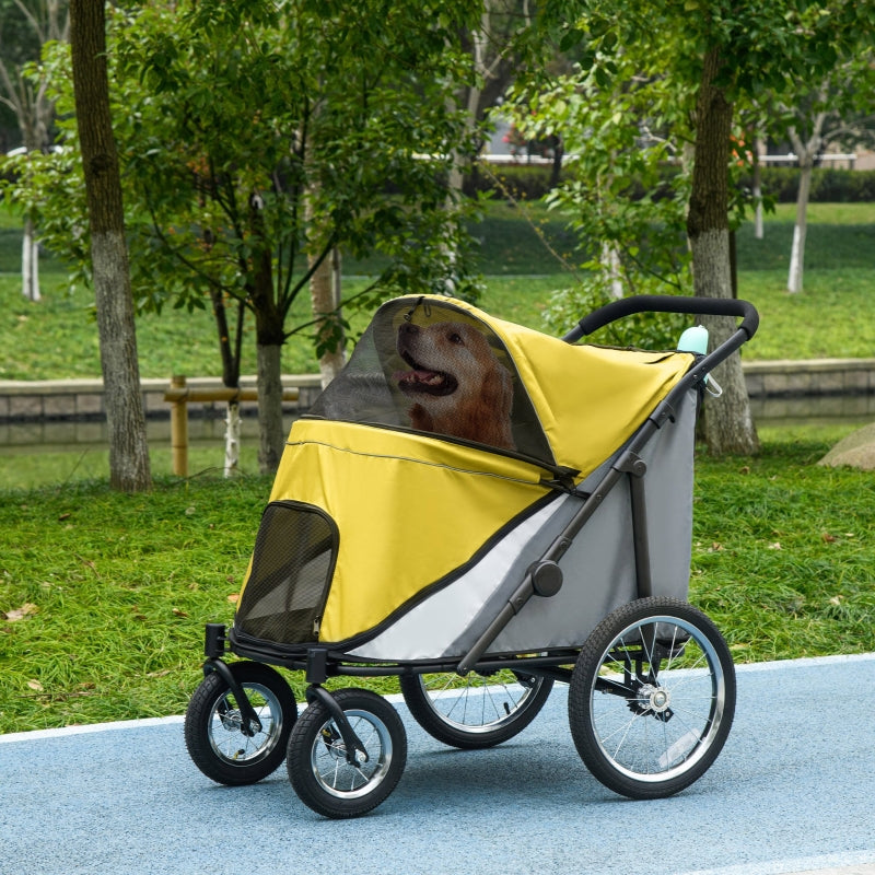 Yellow Foldable Pet Stroller with Washable Cushion & Storage Bags