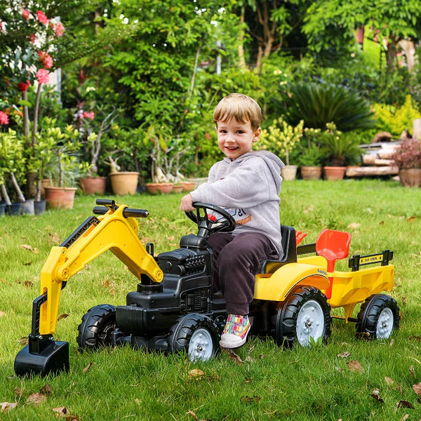 Yellow Kids Ride-On Construction Car with Horn and Trailer