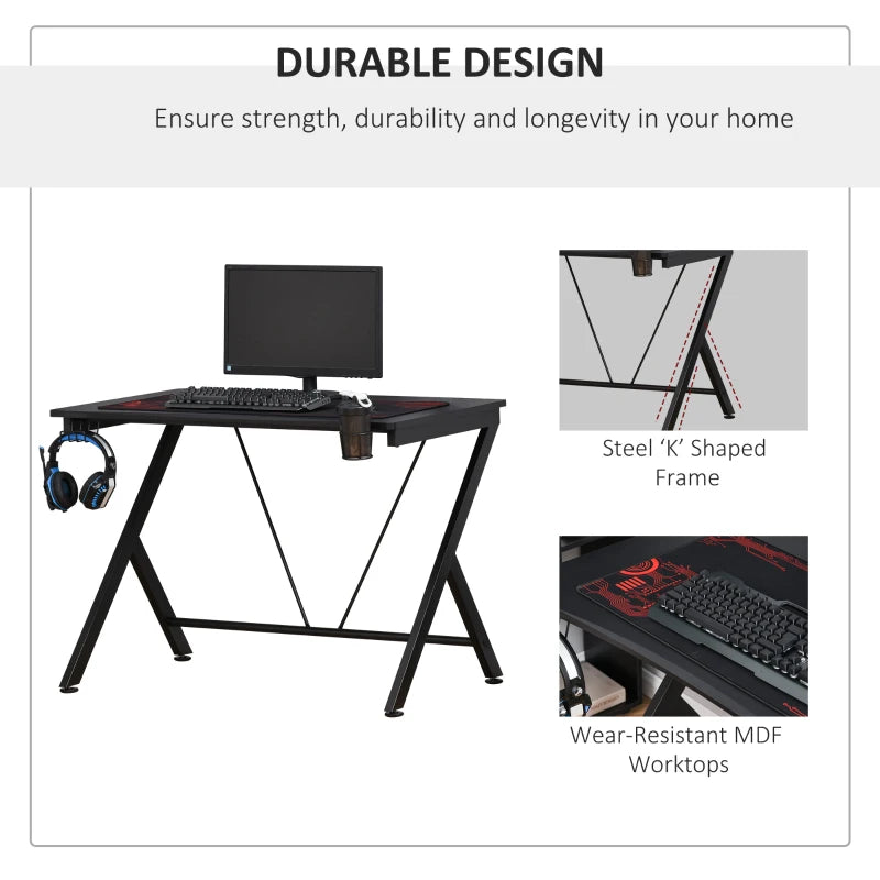 Black Gaming Desk with Cup Holder and Headphone Hook