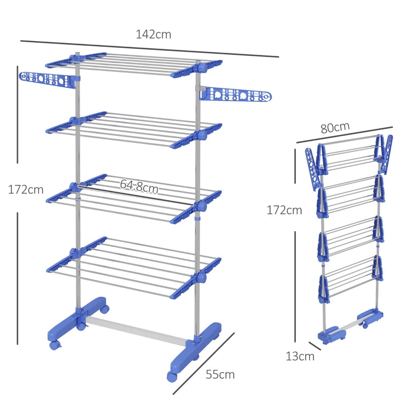 Blue 4-Shelf Folding Clothes Drying Rack with Side Arms and Wheels