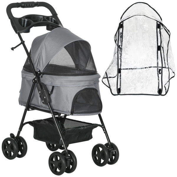 Grey Dog Stroller with Rain Cover, One-Click Fold, EVA Wheels, Safety Leash - Small Dog Pushchair