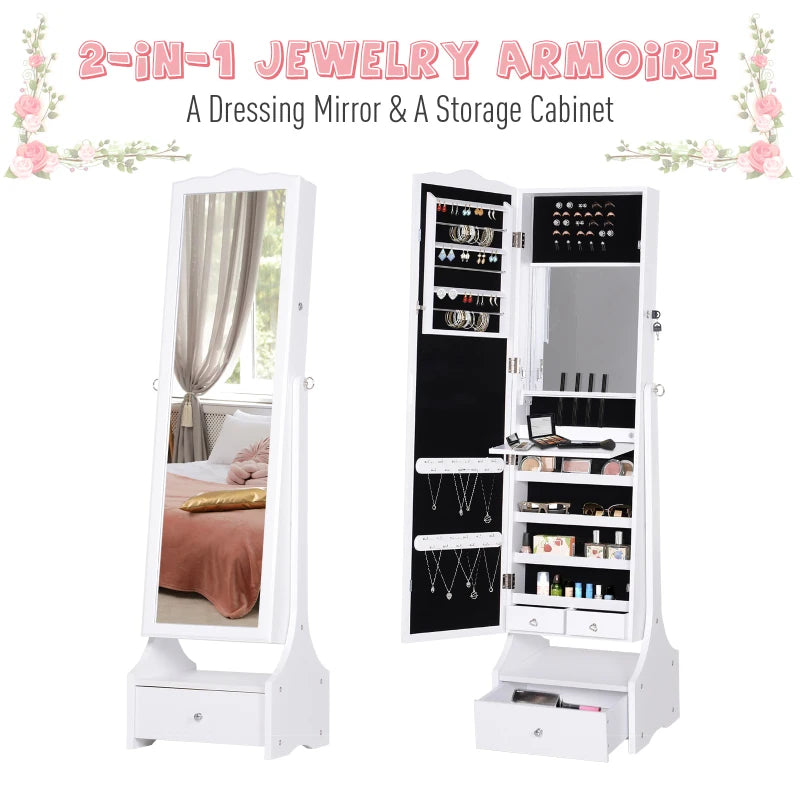White LED Jewelry Cabinet Armoire with Mirror and Lock