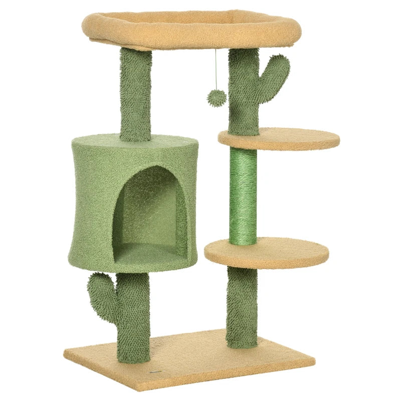 Green Cactus Cat Tree with Teddy Fleece House & Scratching Posts