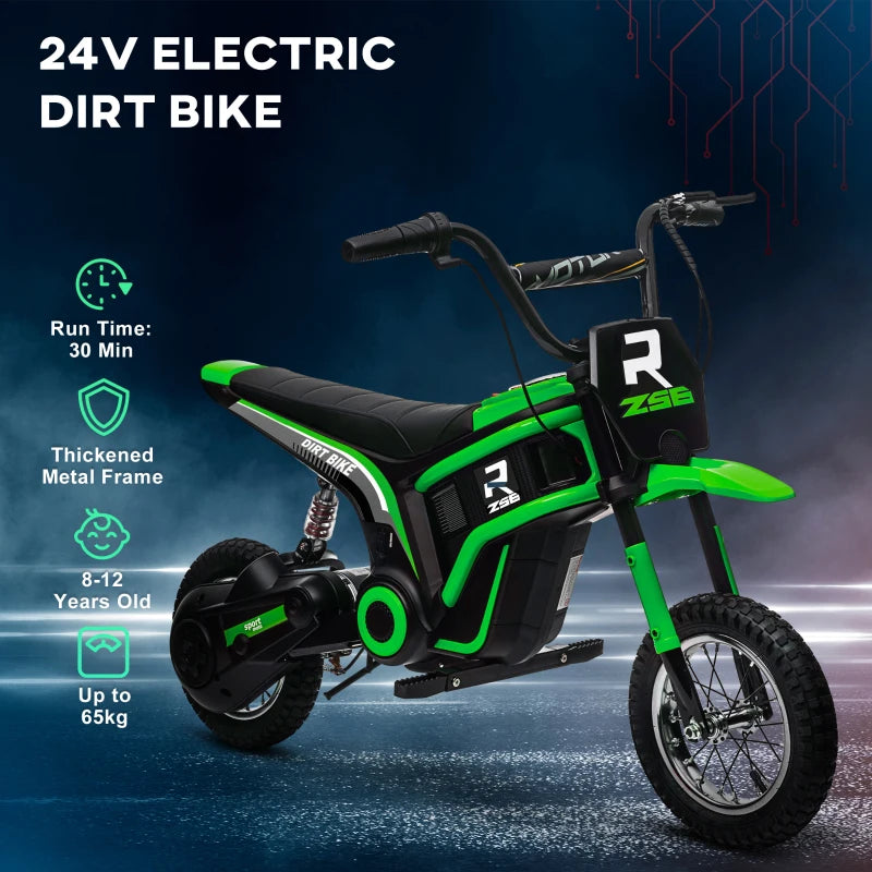 Green Electric Motorbike with Music & Horn, 12" Tyres, 16km/h Speed
