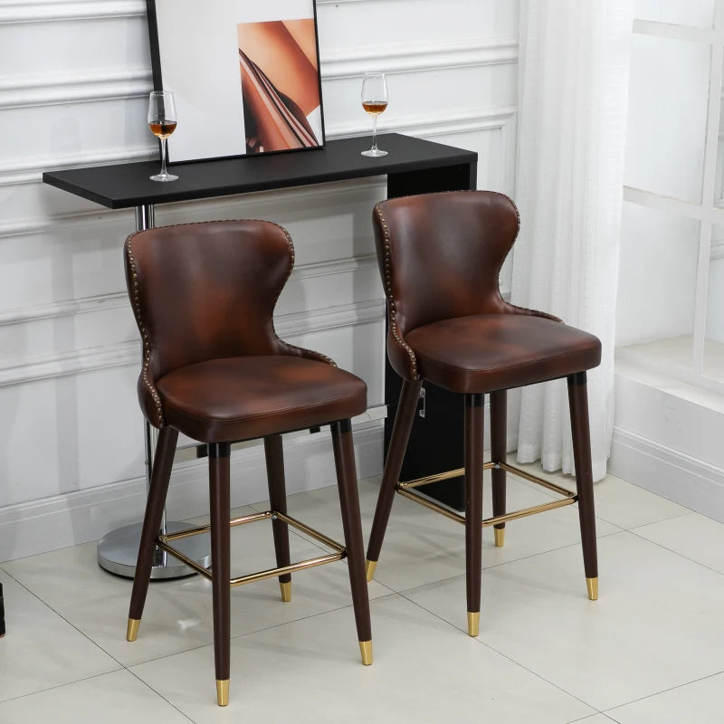 Brown PU Leather Bar Stools Set of 2, Retro Kitchen Chairs with Wingbacks and Footrest