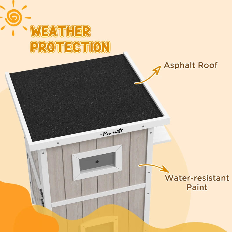 Wooden 2-Tier Cat Shelter with Escape Doors & Asphalt Roof - Light Grey