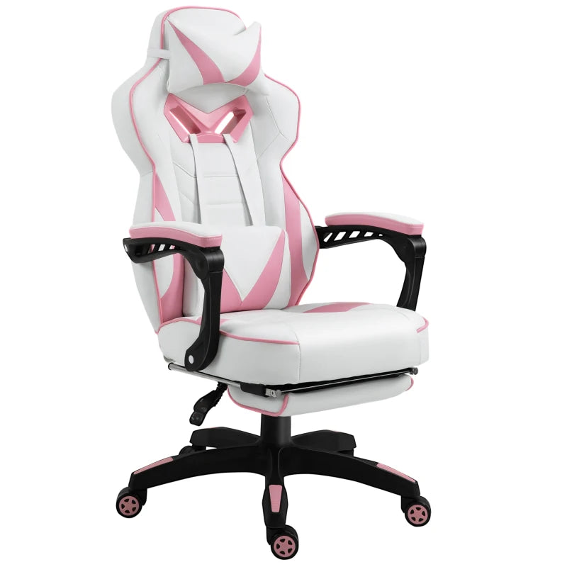 Pink Gaming Chair with Lumbar Support, Footrest, and Headrest