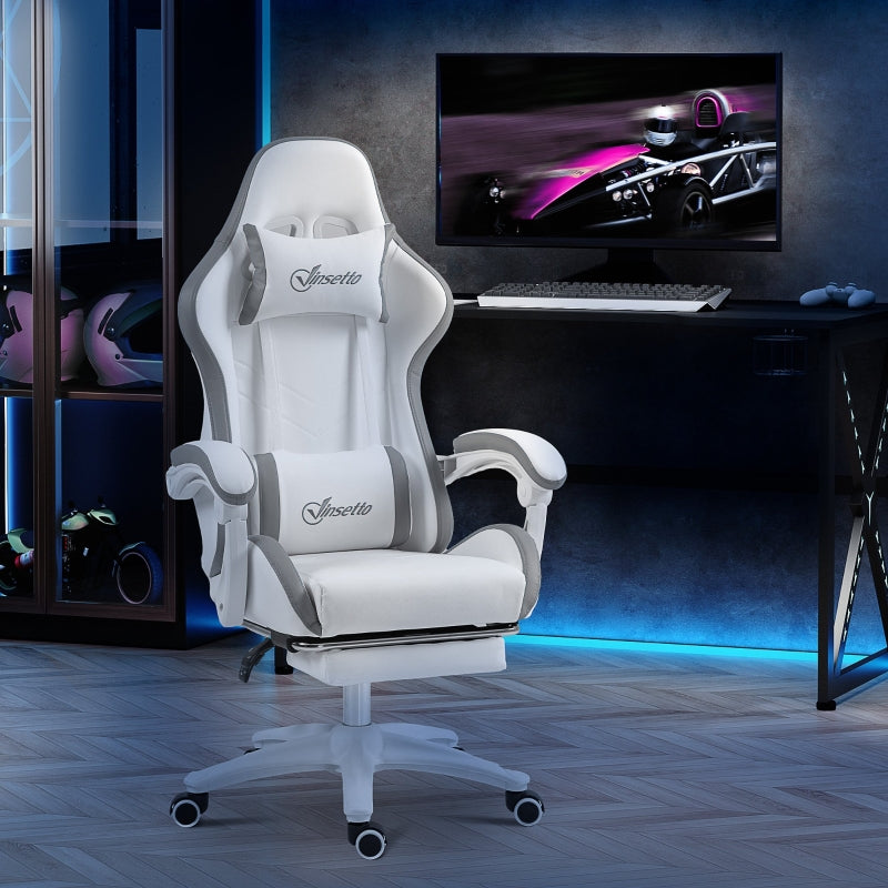 White & Grey Racing Gaming Chair with Footrest and Swivel Seat