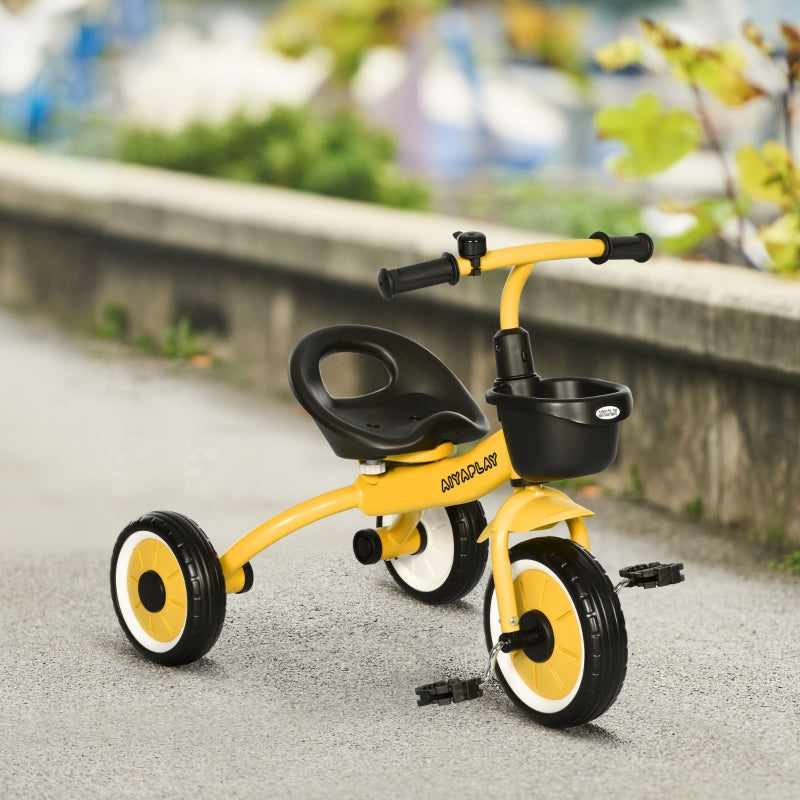 Yellow Kids Trike with Adjustable Seat, Basket & Bell - Ages 2-5