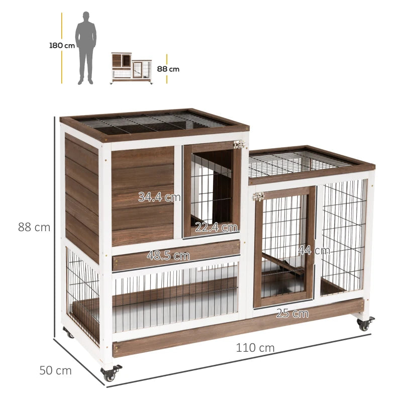 Brown Two-Tier Rabbit Hutch with Wheels