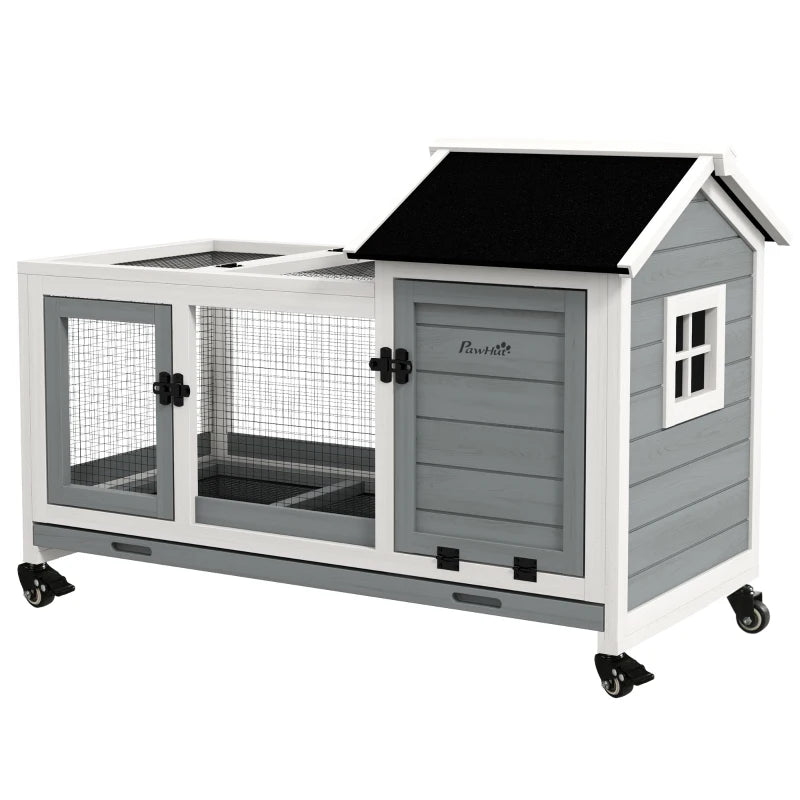 Grey Wooden Rabbit Hutch with Removable Tray and Wheels