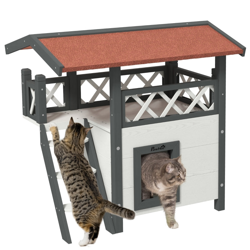 White Outdoor Cat House with Balcony and Stairs, 77 x 50 x 73 cm