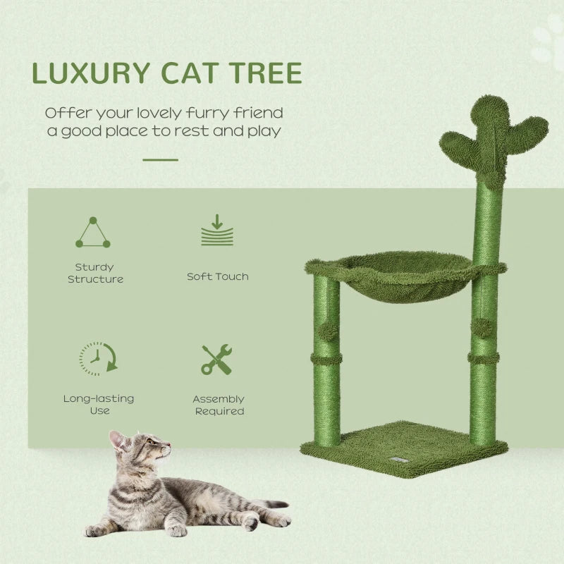 Cat Cactus Tower with Scratching Post, Hammock, Bed & Toy - Green