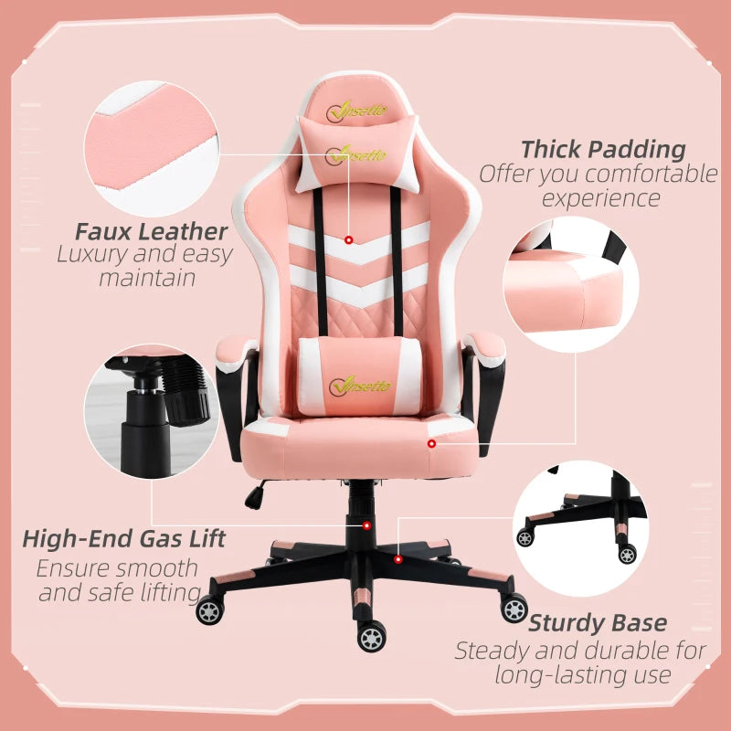 Pink Gaming Chair with Lumbar Support and Swivel Wheels