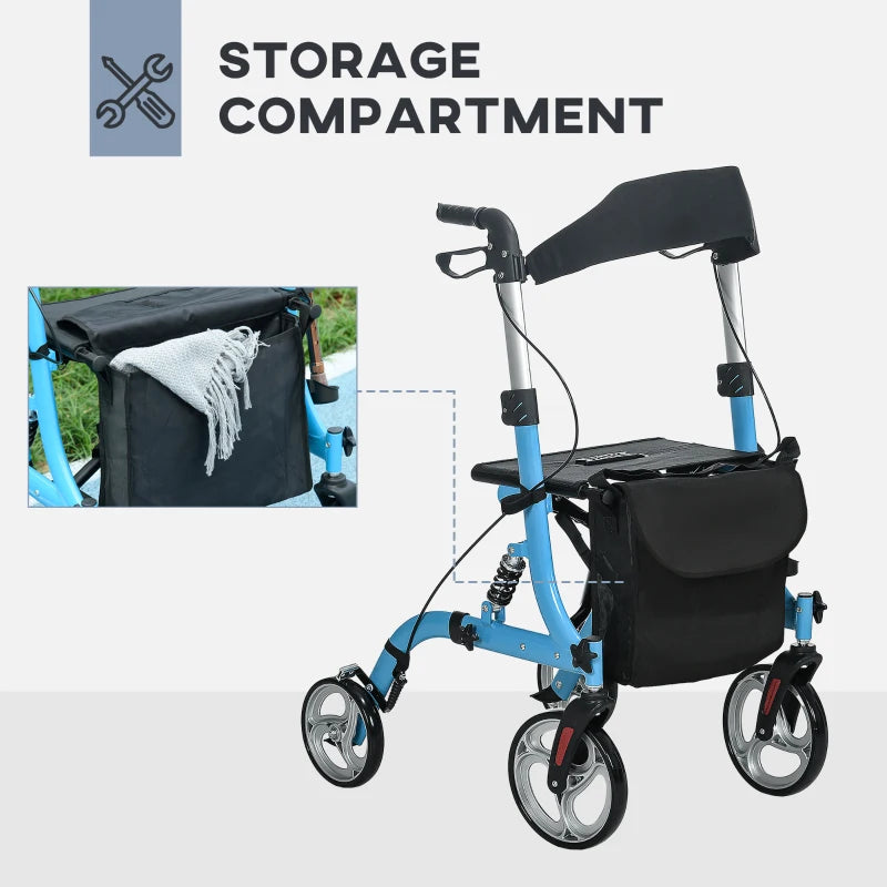 Blue Folding Rollator Walker with Seat and Large Wheels