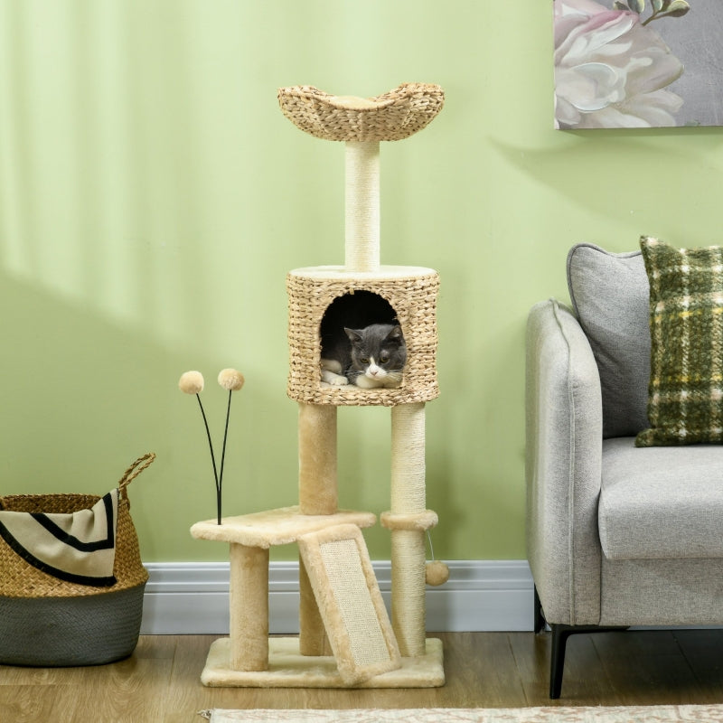 Beige Cat Tree Tower with Scratching Post, House, Bed, Toy Ball, Platform