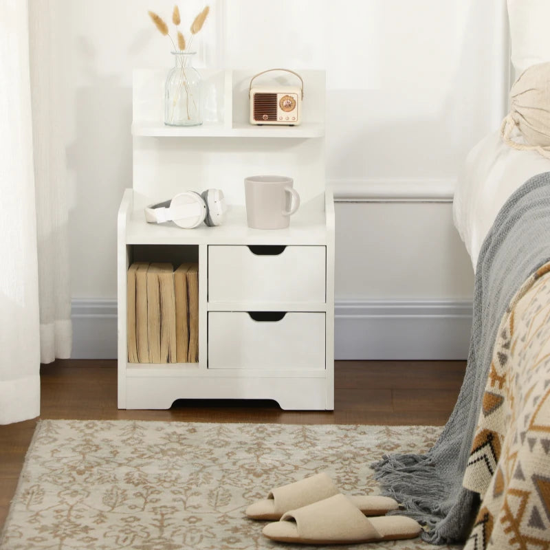 White 2-Drawer Bedside Cabinet with Storage Shelves