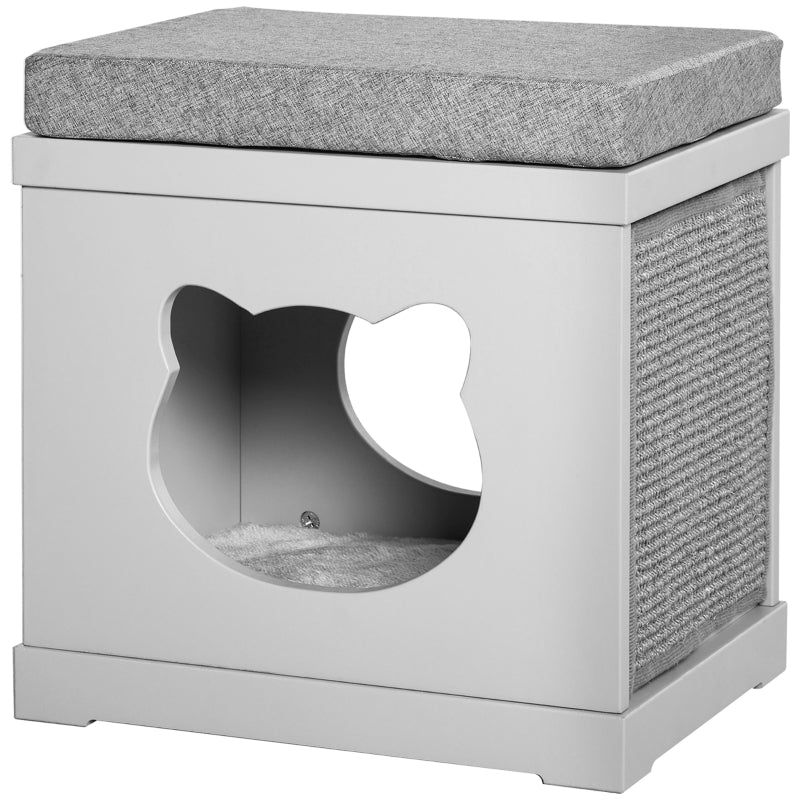 Grey Cat Cube Bed with Soft Cushion and Scratching Pad