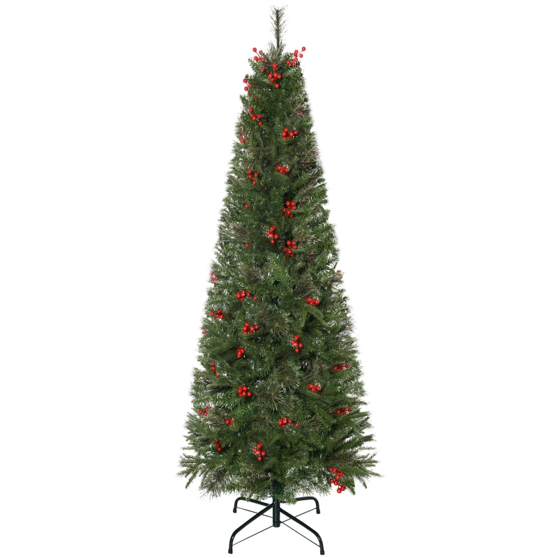 7ft Green Pencil Christmas Tree with Red Berries & Auto Open