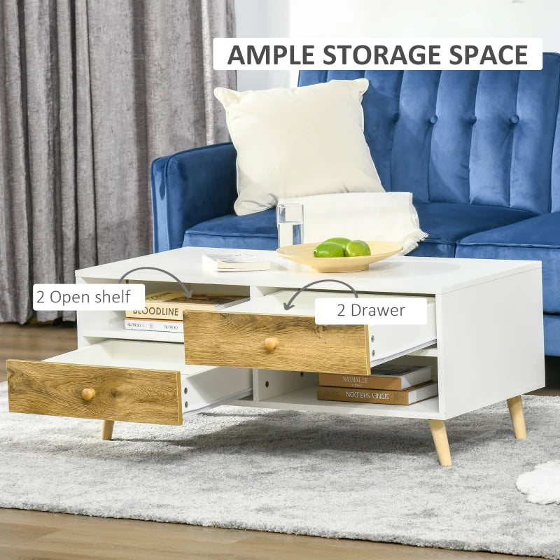 Rectangular White and Brown Coffee Table with Drawers and Shelves