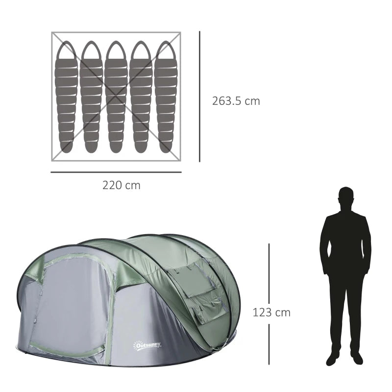 Dark Green 4-5 Person Pop-up Waterproof Camping Tent with Windows