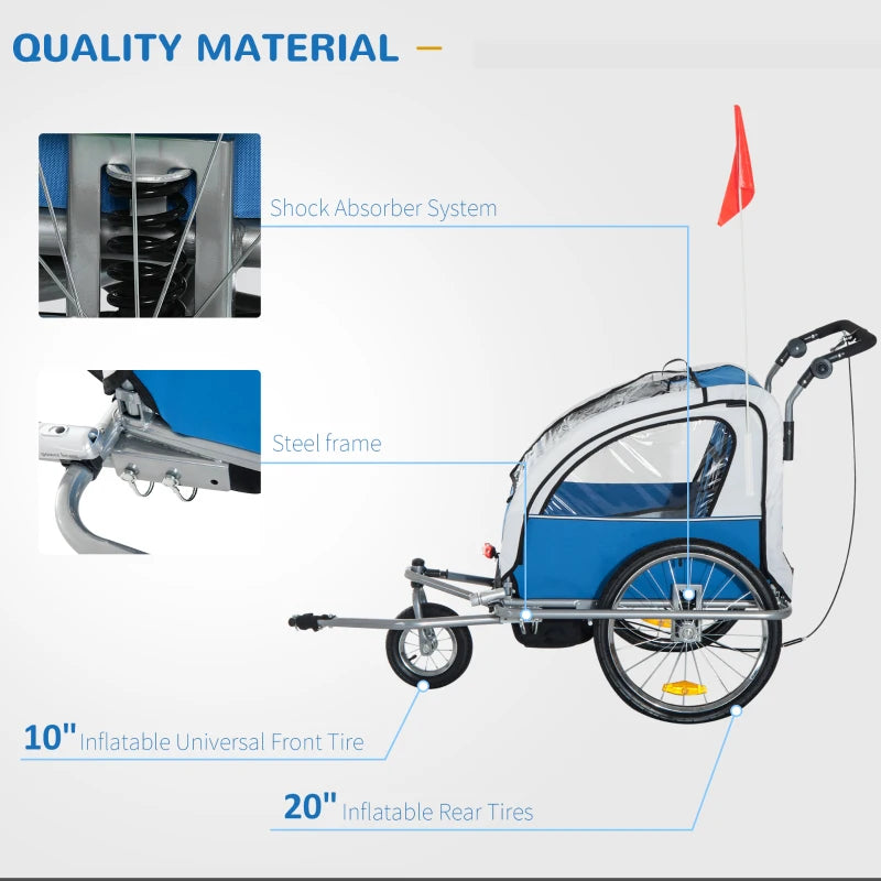 Blue 2-Seater Bike Trailer for Baby and Child with Canopy & Storage