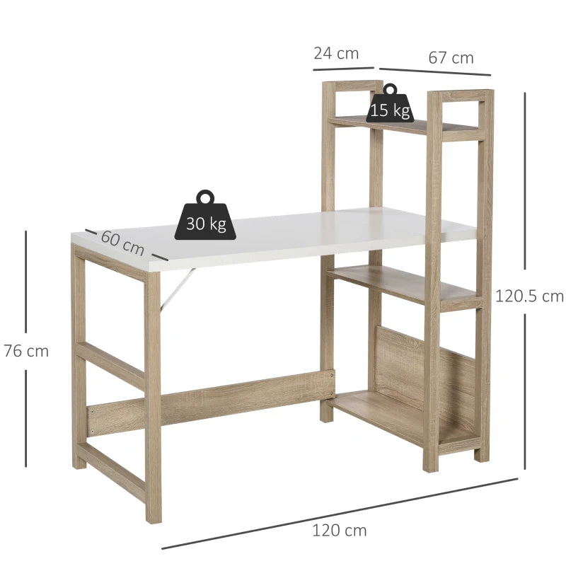 White and Oak 3-Tier Storage Computer Desk - 120cm Writing Table