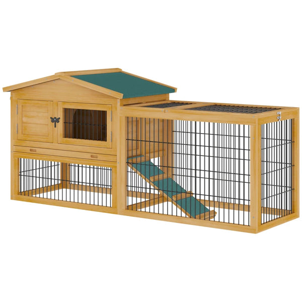 Yellow Outdoor Rabbit Hutch with Run, 2-Level Design, Water-Resistant Roof - 150 x 52.5 x 68 cm