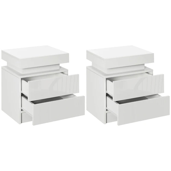 White High Gloss LED Bedside Table with 2 Drawers