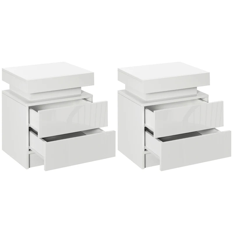 White High Gloss LED Bedside Table with 2 Drawers