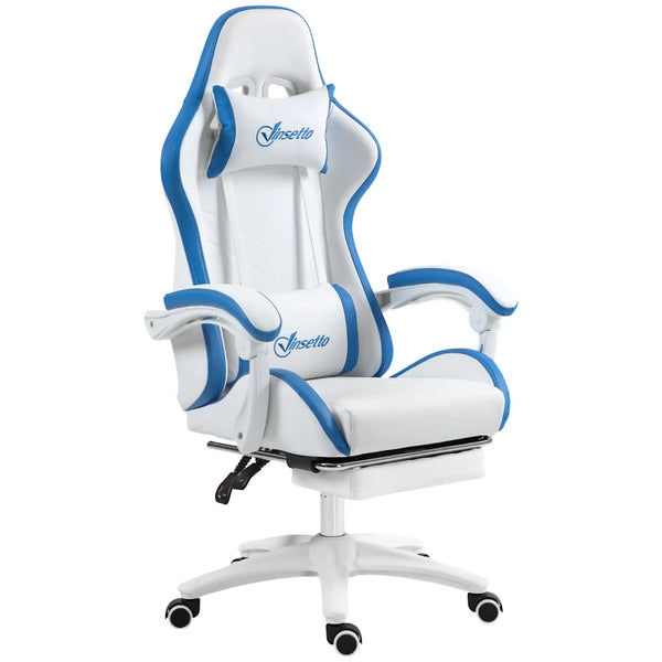 White and Blue Racing Gaming Chair with Footrest and Swivel Seat