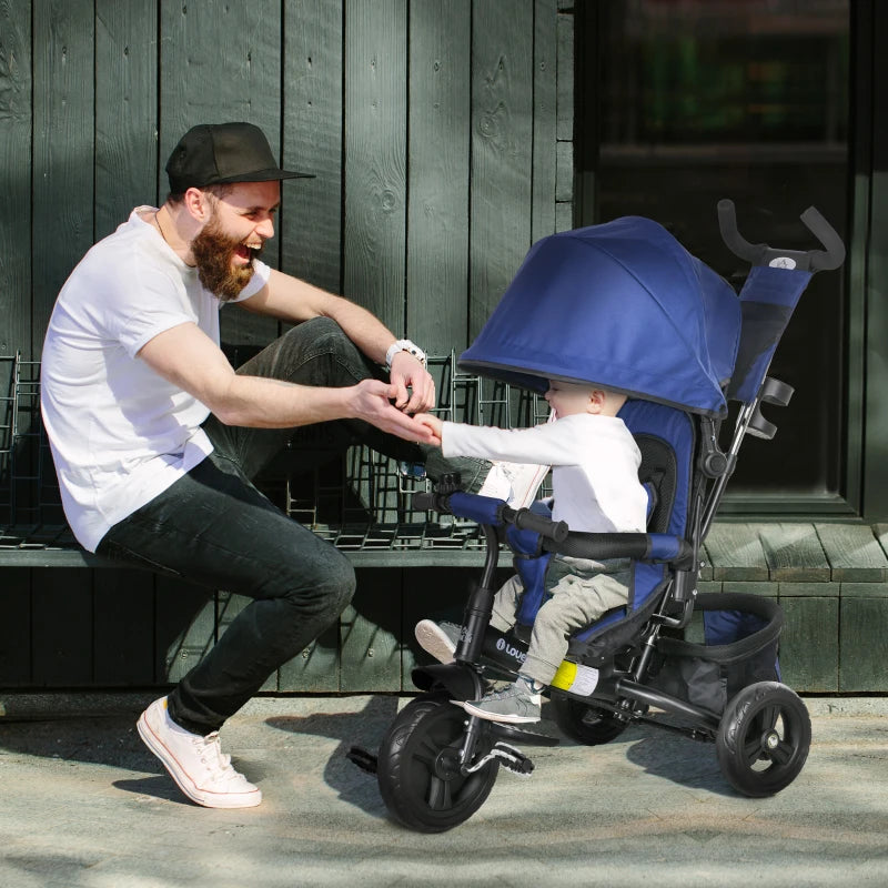 Blue 6-in-1 Kids Trike with Push Handle, Canopy, Safety Belt, Storage, Footrest, Brake