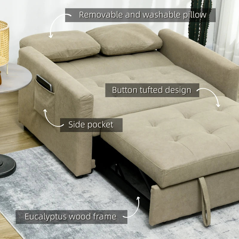 Convertible Loveseat Sofa Bed with Side Pockets, Light Brown