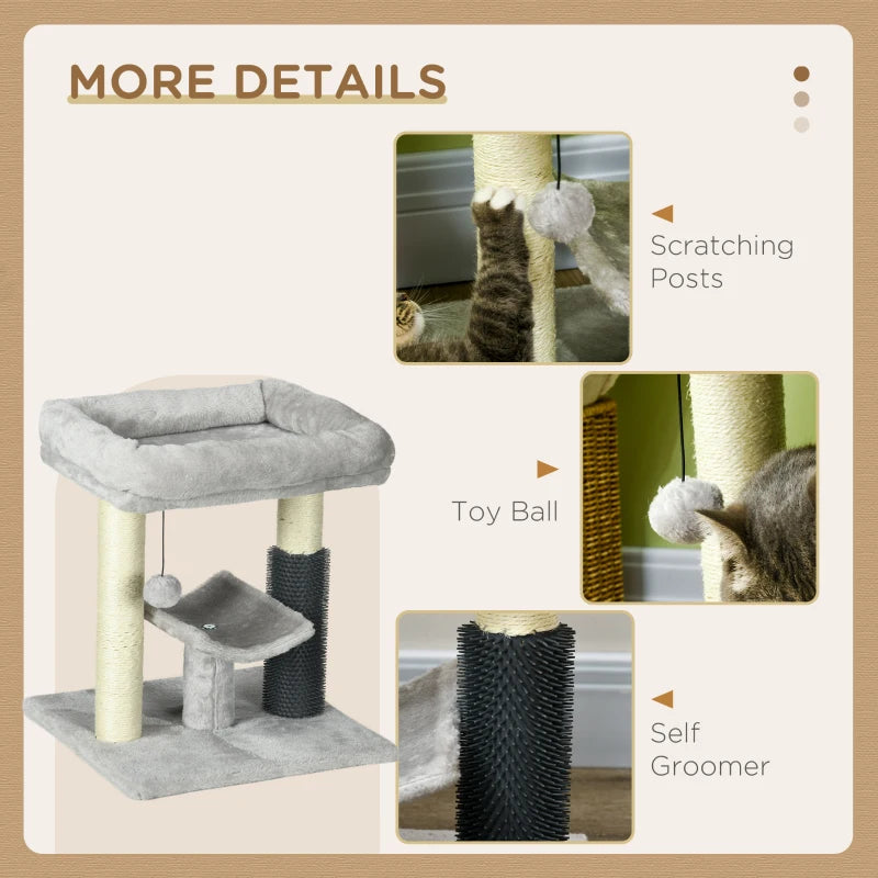 Grey Cat Tree with Scratching Posts, Bed, Perch, Self Groomer, Toy - 48cm