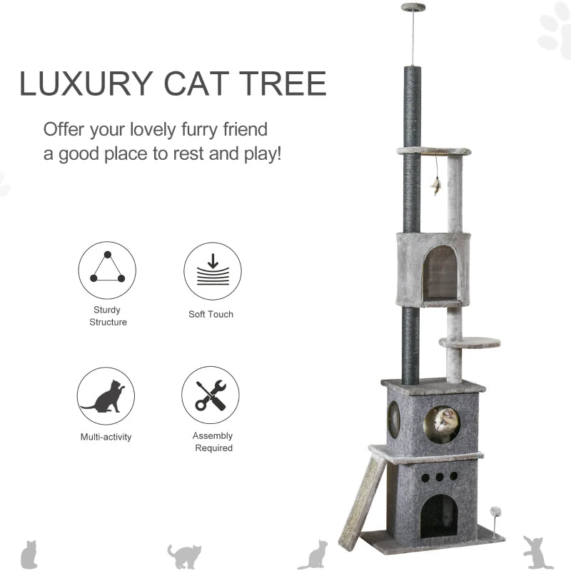 Grey 255cm Indoor Cat Climbing Tree with Scratching Post