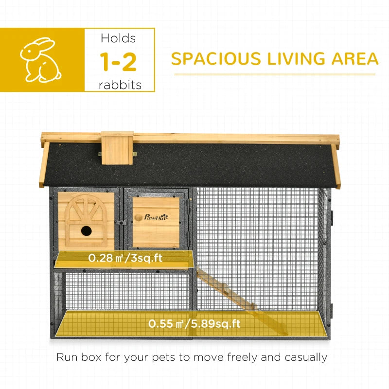 Outdoor Rabbit Hutch with Run and Asphalt Roof, 120 x 55.5 x 80cm, Grey