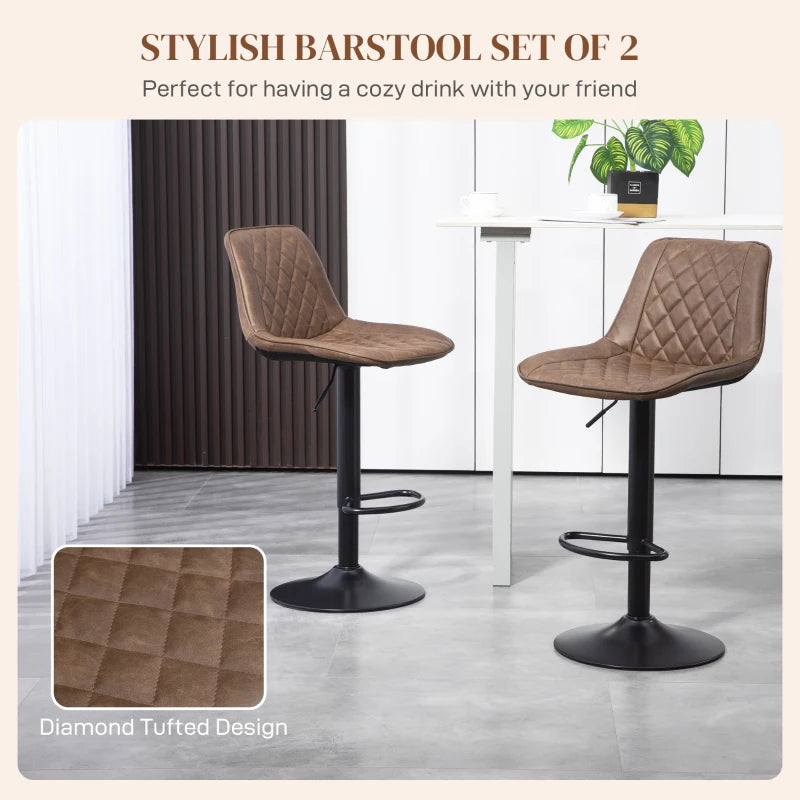 Brown Retro Swivel Bar Stools Set of 2, Adjustable Kitchen Chairs with Backrest