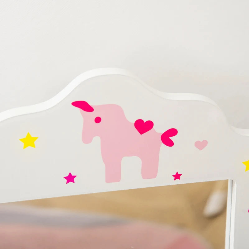 Kids White Vanity Table & Stool Set with Rotatable Mirrors - Star & Heart Pattern