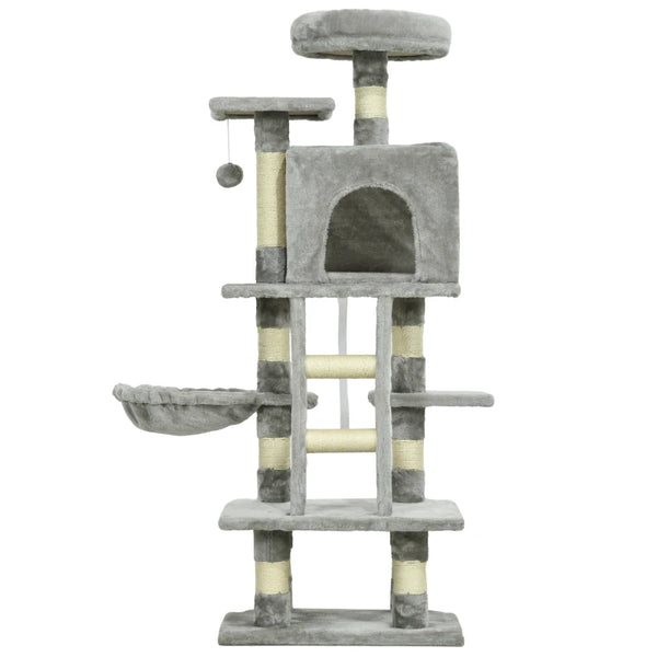 Grey Cat Tree with Scratching Post, House, Hammock, Toy Balls - 132cm