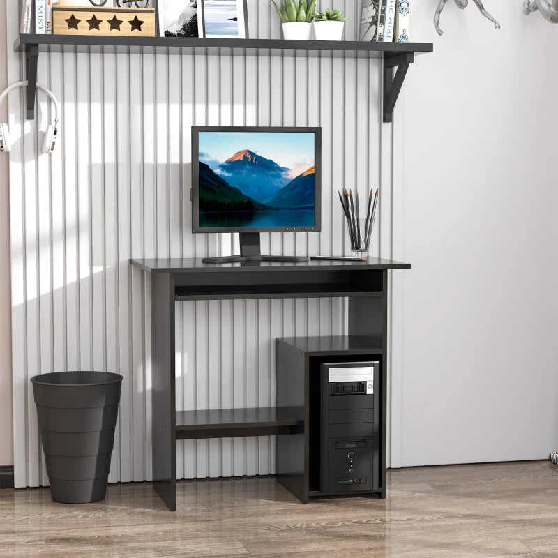 Black Compact Corner Computer Desk with Keyboard Tray and Storage Shelf