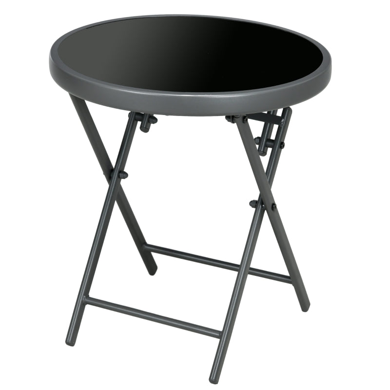 Black Round Outdoor Folding Patio Table with Imitation Marble Glass Top