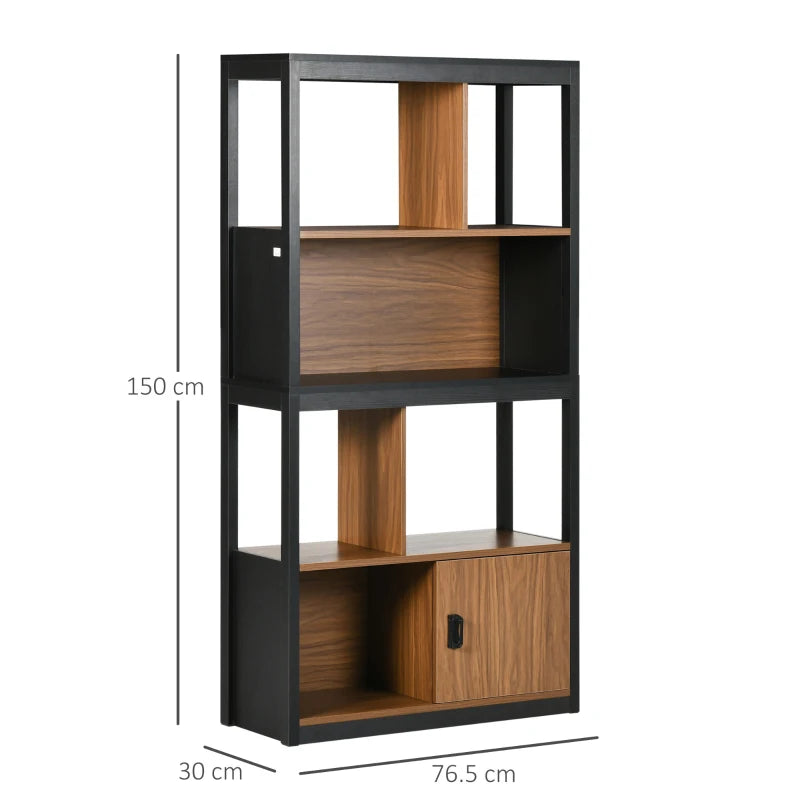 Modern Walnut Brown 4-Tier Bookshelf with Storage Cabinet