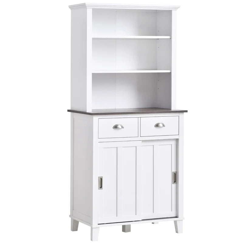 White Freestanding Kitchen Storage Cabinet with Sliding Doors and Shelves