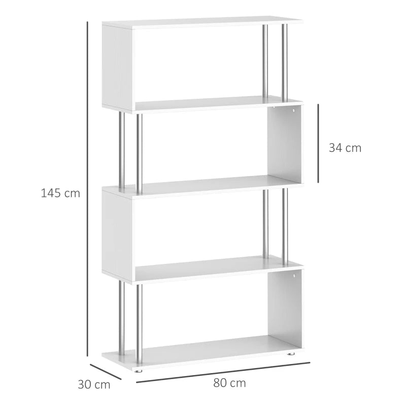 White S-Shaped 5-Tier Bookcase - Modern Freestanding Storage Shelf