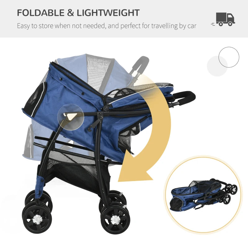 Dark Blue Pet Stroller with Large Carriage and Storage Bag