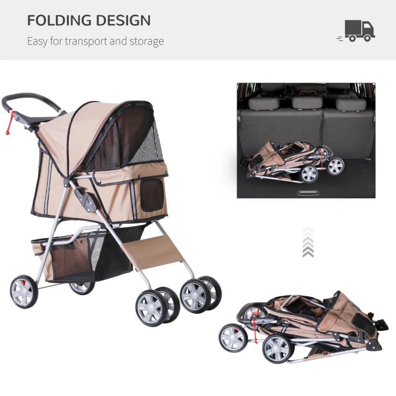 Brown Pet Stroller for Small Pets with Zipper Entry and Storage