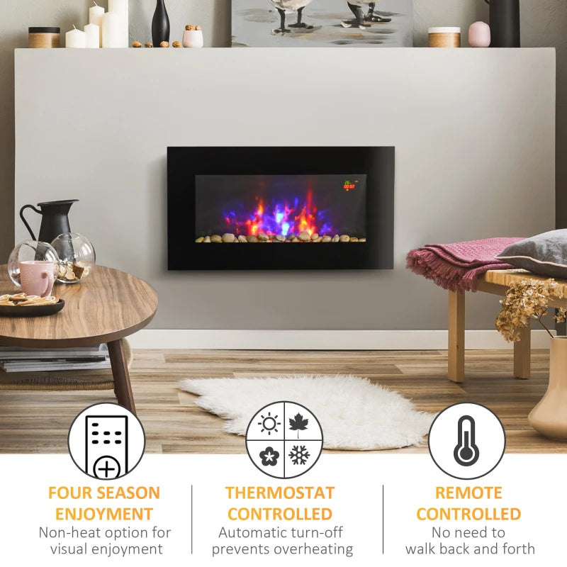 Modern Black Electric Wall Fireplace with LED Flame Effect & Remote Control