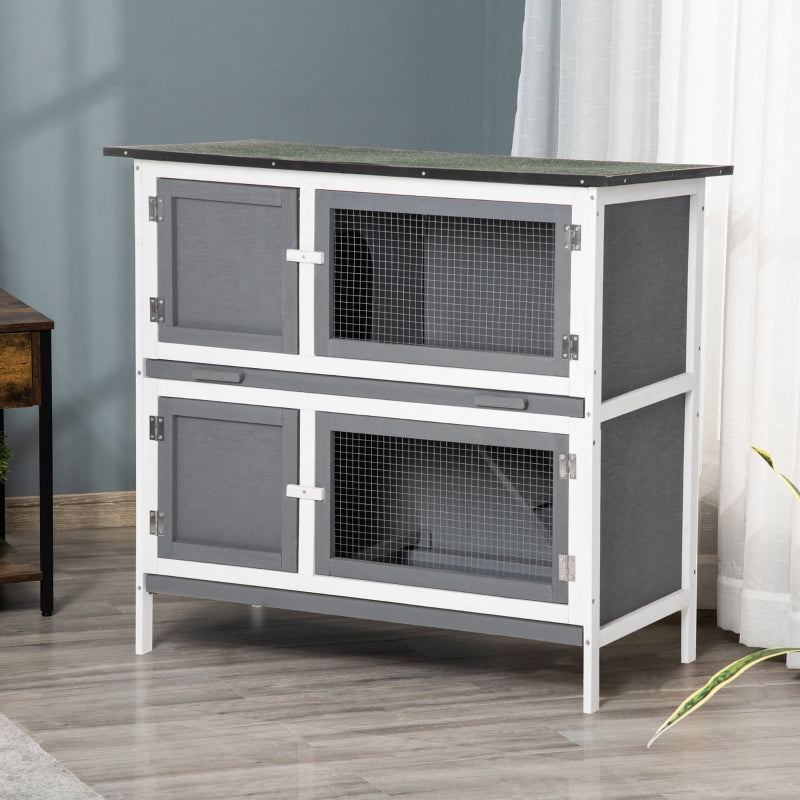 Grey 2 Tier Rabbit Hutch with Sliding Tray & Ramp, 100x47x91cm