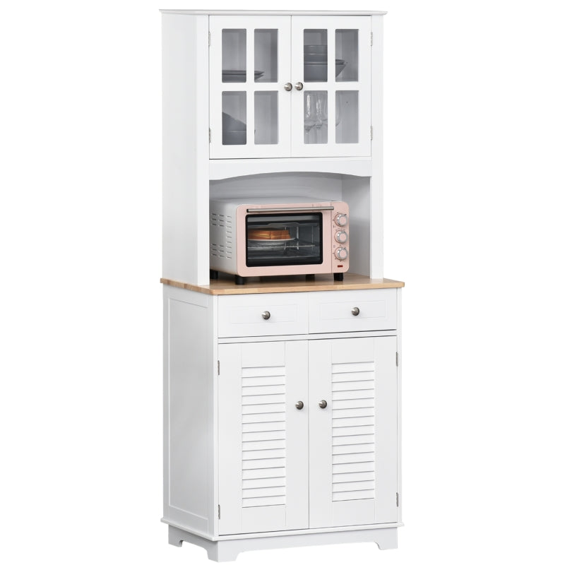 White Louvered Kitchen Storage Cabinet with Glass Doors & Drawers